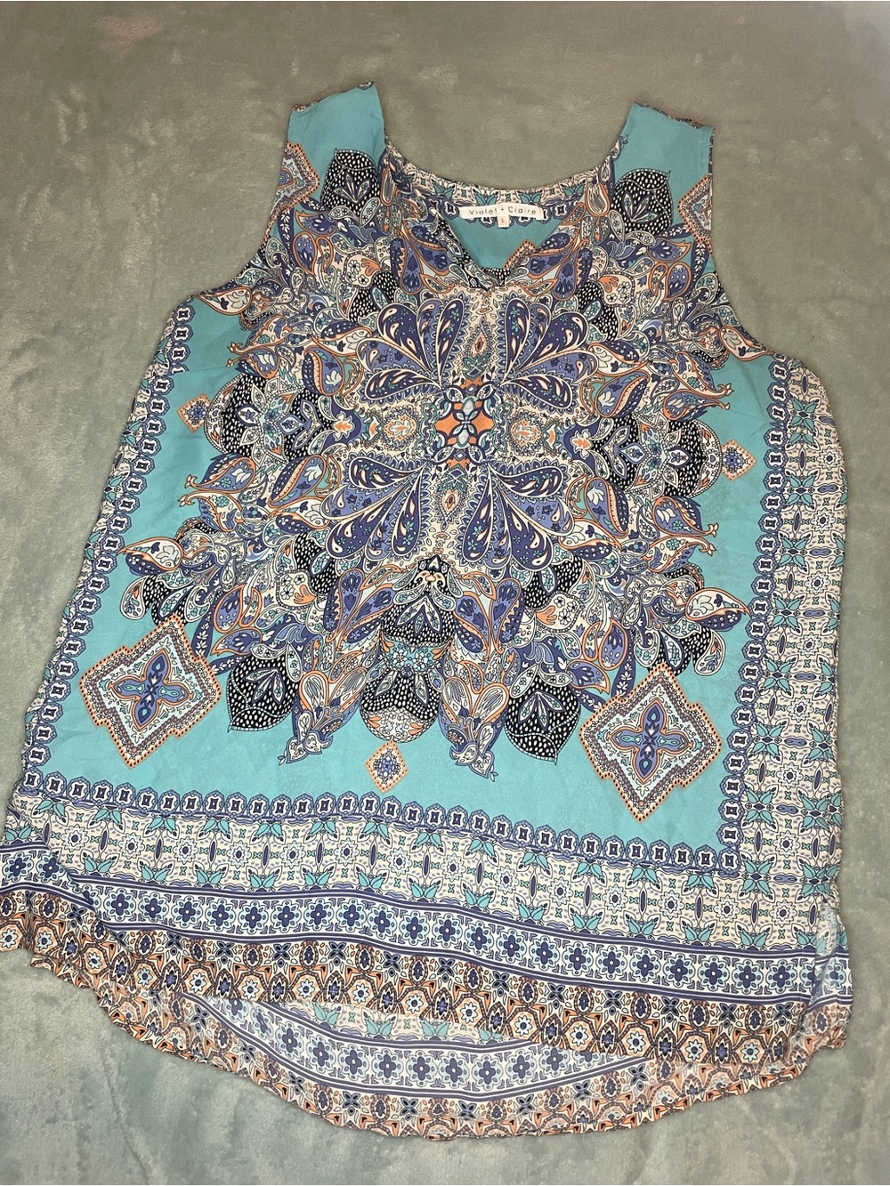 Sleeveless Paisley Medallion Tank Top in Turquoise